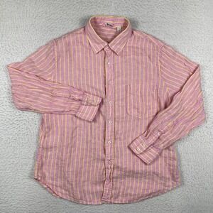 Boden Shirt Mens XL‎ Pink Yellow Striped Linen Preppy Beachy Travel Vacation